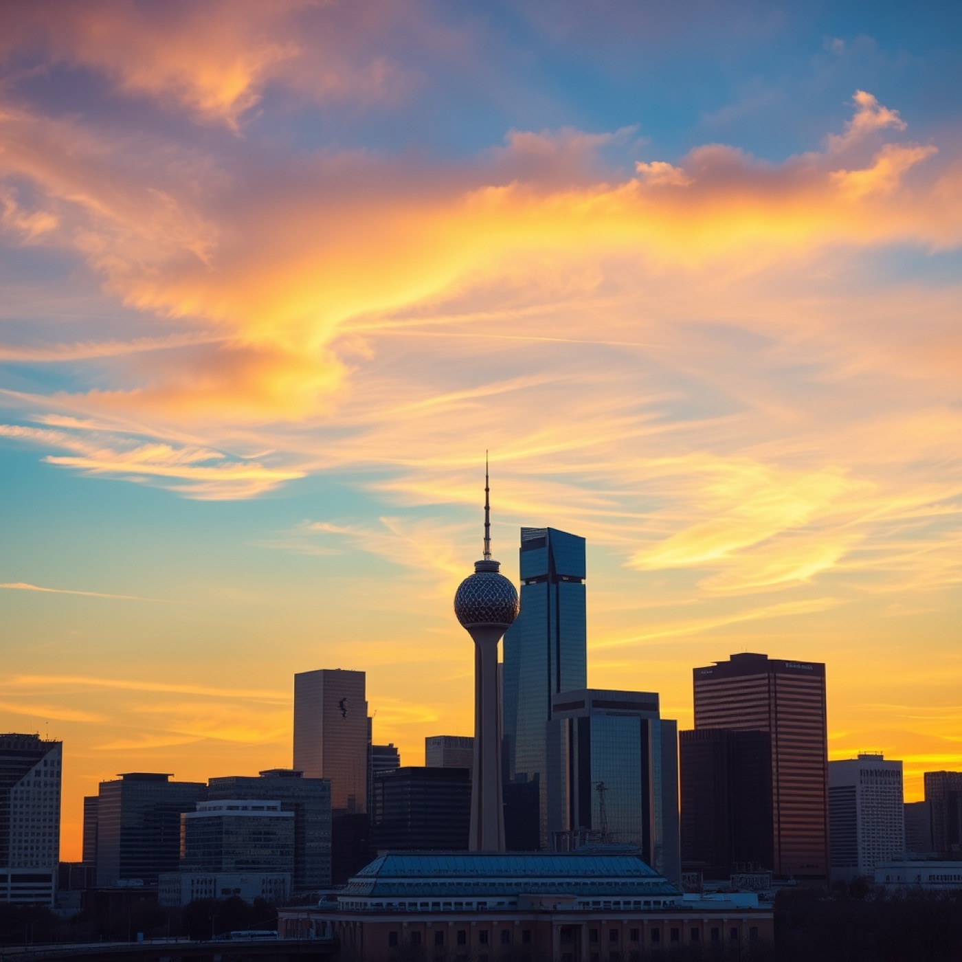 Dallas Texas skyline at warm golden sunrise