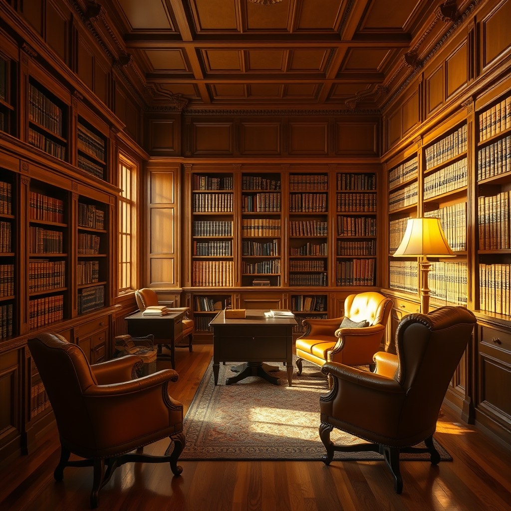 Warm wood-paneled study with legal volumes